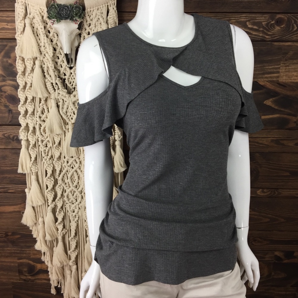 Candies | Keyhole Ruffle Cold Shoulder Ruched Rib - Picture 2 of 3